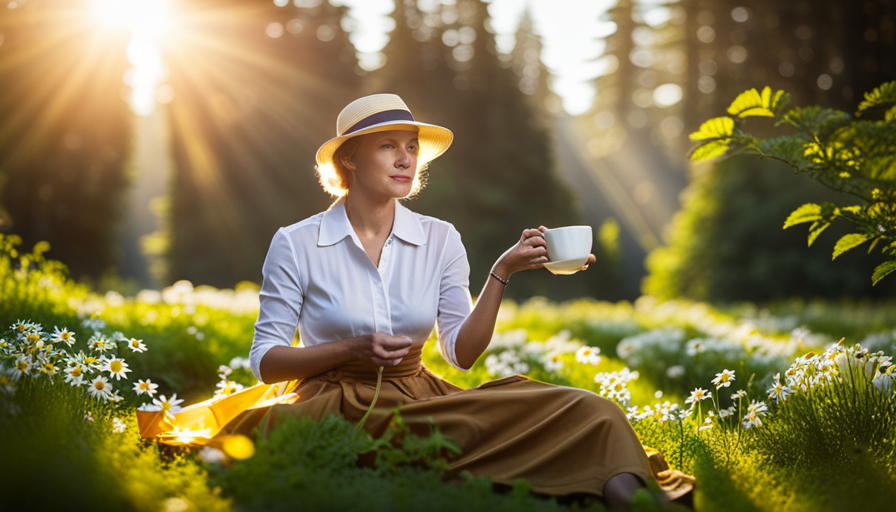 An image showcasing a serene scene of a person gracefully sipping a warm cup of chamomile tea, surrounded by soothing greenery and gentle sunlight peeking through the trees, symbolizing relief from acid reflux