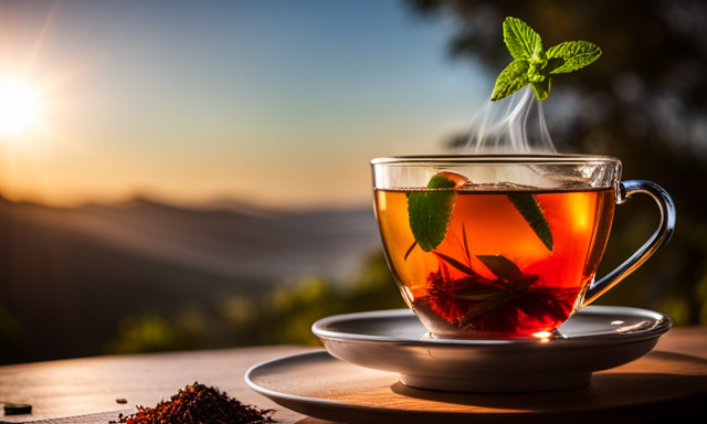 An image showcasing a steaming cup of vibrant red Rooibos tea, elegantly adorned with a sprig of fresh mint