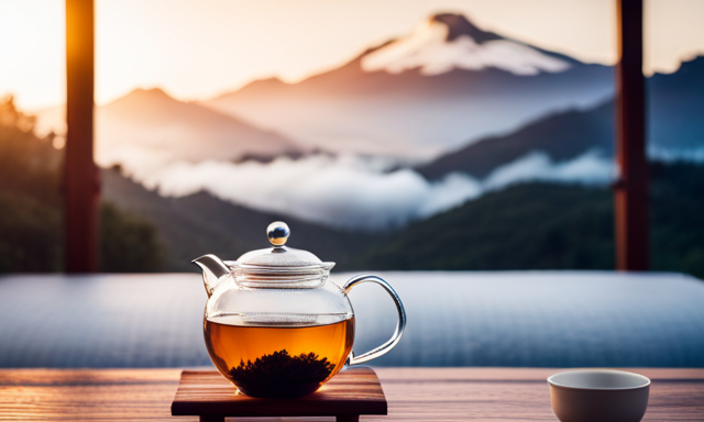 An image depicting a serene tea ceremony: a delicate porcelain teapot pouring golden oolong tea into a transparent glass cup, showcasing its vibrant hue