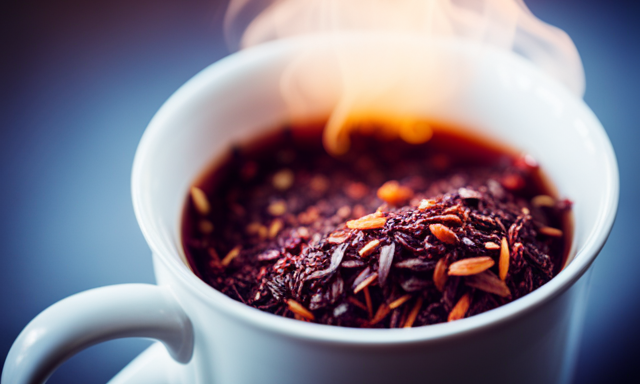 An image showcasing a steaming cup of rich red Rooibos tea, brimming with vibrant antioxidants