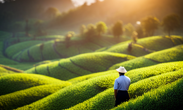 An image showcasing a serene, sunlit tea plantation, with rows of meticulously pruned oolong tea bushes stretching towards the horizon