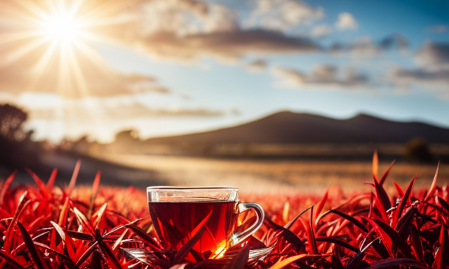 An image showcasing a serene scene of a sunlit African landscape, with a steaming cup of pure rooibos red tea, surrounded by vibrant red rooibos leaves