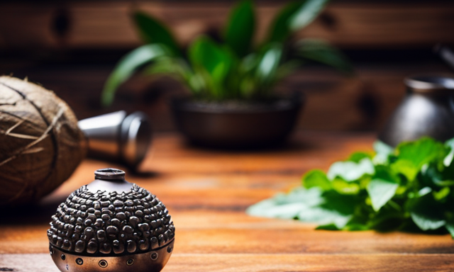 An image showcasing a rustic wooden table adorned with a traditional yerba mate gourd, filled with vibrant green leaves, accompanied by a metal bombilla, and a steaming cup of the traditional South American beverage