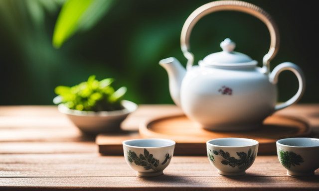 An image showcasing a serene tea garden with a rustic wooden table adorned with delicate porcelain tea sets