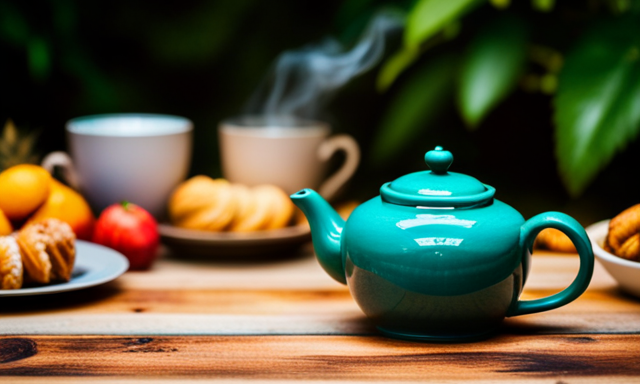 An image featuring a rustic wooden table adorned with a vibrant green ceramic teapot filled with steaming yerba mate tea, accompanied by delicate porcelain cups, an assortment of colorful fruits, and a plate of artisanal pastries