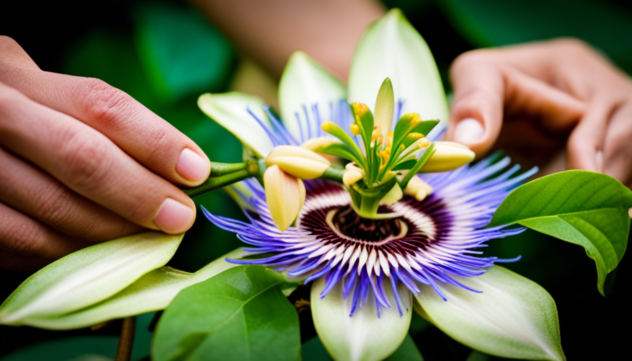 An image that showcases a delicate passion flower blossom, surrounded by vibrant green leaves, while a pair of hands gently plucks the petals, revealing the intricate stamen and pistil used to brew tantalizing passion flower tea