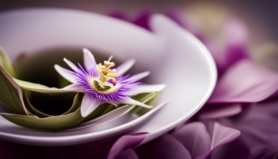 An image featuring a close-up view of a delicate passion flower's vibrant petals gently floating in a clear teacup, surrounded by dried leaves and tendrils, showcasing the exquisite beauty of the flower used for brewing tea