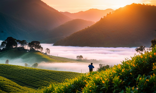 An image featuring a sprawling tea plantation, bathed in soft morning sunlight