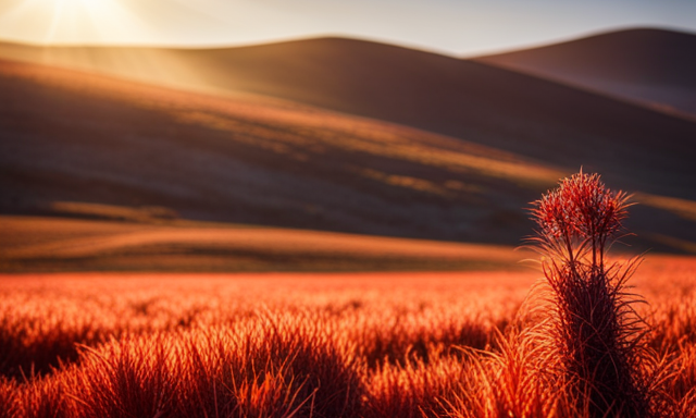 An image showcasing a vibrant, sun-kissed landscape with rolling hills covered in a dense carpet of needle-like leaves, interwoven with vibrant red stems