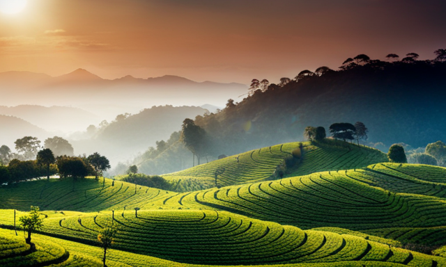 An image showcasing a sprawling tea plantation with meticulously pruned and vibrant Camellia sinensis bushes, their glossy evergreen leaves delicately plucked, revealing the plant from which Oolong tea is derived