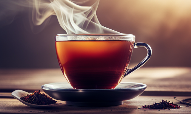 An image showcasing a vibrant cup of Rooibos tea, its rich amber hue contrasting with delicate steam rising from the surface