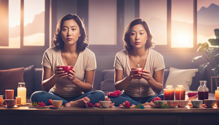 An image depicting a serene woman sitting cross-legged, surrounded by an array of colorful herbal tea cups, a bottle of water, and a refreshing fruit-infused drink, offering a visual guide on the perfect drinks to soothe and hydrate during menstruation