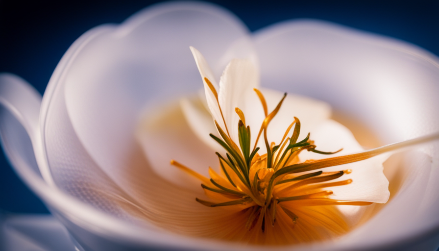 An image showcasing a close-up shot of a delicate flower rodin gracefully steeping inside a transparent tea cup, enveloped by a precisely sized micron tea bag, allowing the vibrant colors and intricate details to shine through