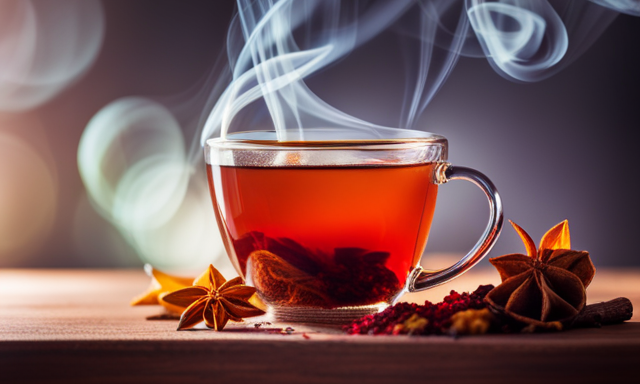 An image showcasing a steaming cup of rich red Rooibos tea, elegantly garnished with aromatic cinnamon sticks, fragrant cardamom pods, and vibrant orange peel curls, evoking an inviting and flavorful sensory experience