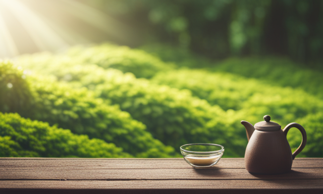 An image featuring a tranquil tea garden, adorned with lush greenery and delicate oolong tea leaves