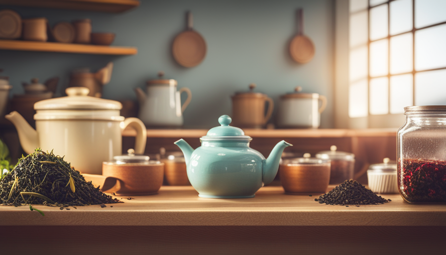 An image showcasing a cozy scene of a tea lover's kitchen counter adorned with a variety of low FODMAP teas