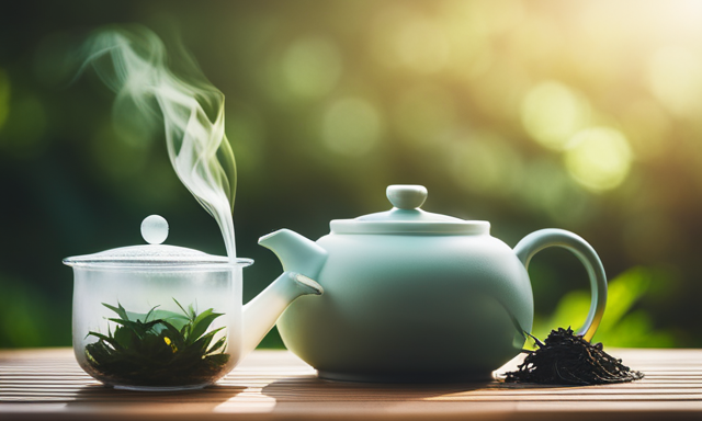 An image of a serene Japanese tea garden, with a delicate porcelain teapot pouring a steaming cup of amber-colored oolong tea