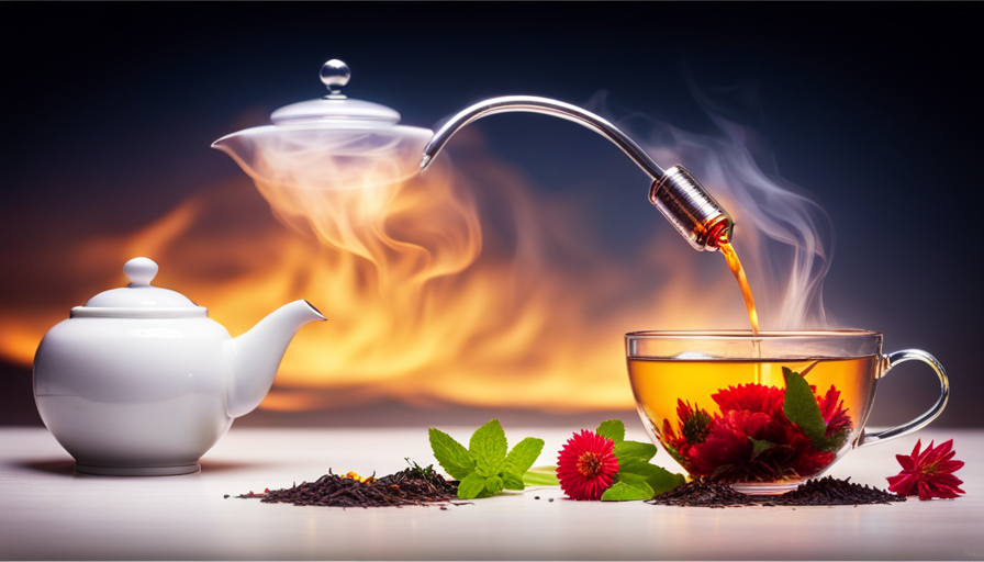 An image of a steaming teapot pouring herbal tea into a delicate porcelain cup