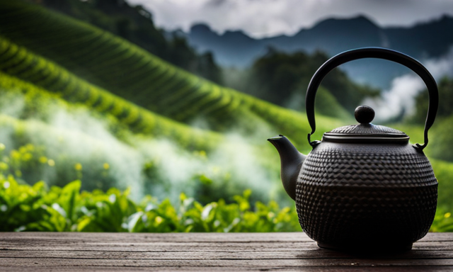 An image showcasing a tranquil scene in Taiwan's lush tea gardens, capturing the delicate process of brewing Oolong tea