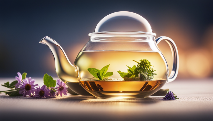 An image showcasing a serene teapot, filled with steaming herbal tea, delicately infused with vibrant botanicals