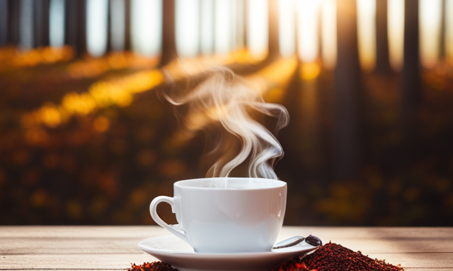 An image featuring a steaming cup of Rooibos tea placed on a wooden table, surrounded by autumn leaves