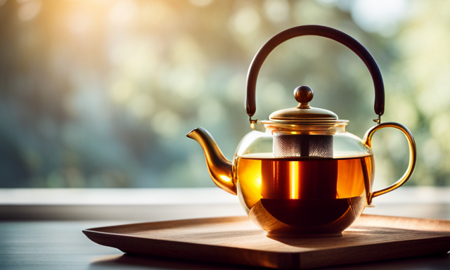 An image capturing the serene moment of brewing Oolong tea: a delicate porcelain teapot, steam gently rising from the golden-hued infusion, as sunlight filters through a window, illuminating the precise temperature of the water