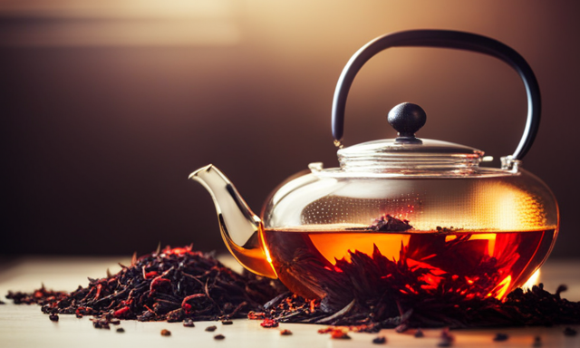 An image showcasing a steaming teapot filled with vibrant red Rooibos tea leaves, as the sunlight filters through a kitchen window, casting a warm golden glow on the brewing process