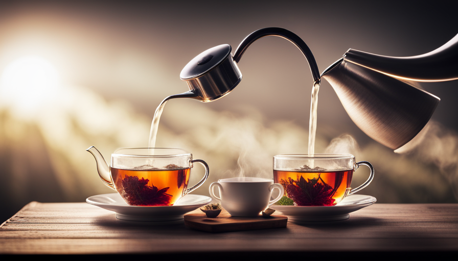 An image showcasing a serene scene of a teapot pouring steaming herbal tea into delicate, translucent cups