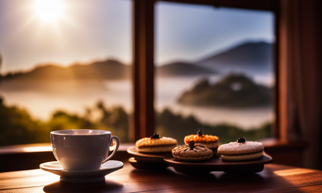 An image showcasing a quaint teahouse with dainty porcelain teacups filled with aromatic oolong tea and a display of delectable desserts on a charming wooden counter, as the sun sets behind the tea shop