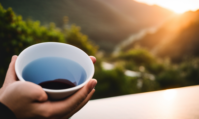 An image showcasing a serene sunrise over a tranquil mountainscape, with a person holding a warm cup of Oolong tea, suggesting the perfect morning time to savor its delightful flavor and embrace the day ahead