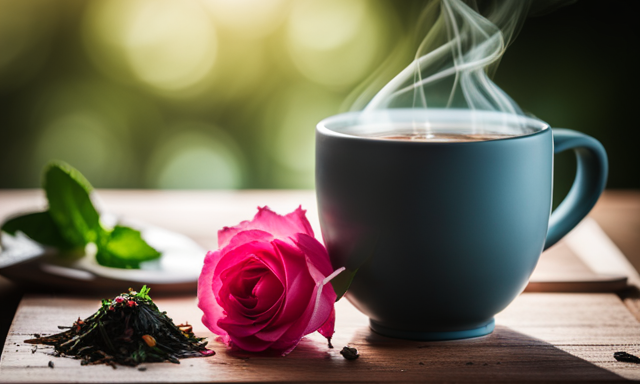 An image of a steaming cup of oolong tea, adorned with delicate rose petals, slices of fresh ginger, and a drizzle of honey