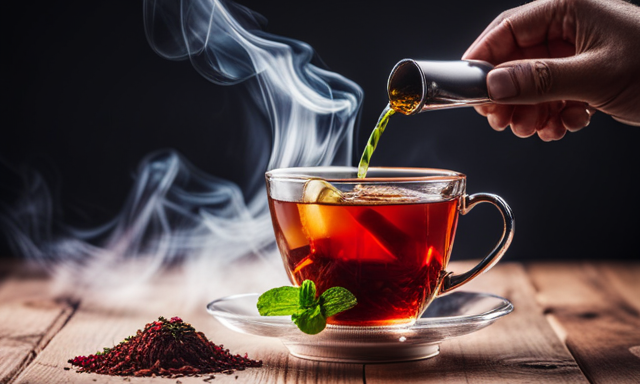 An image showcasing a steaming cup of vibrant red Rooibos tea, garnished with a sprig of fresh mint leaves, a slice of zesty lemon, and a drizzle of golden honey swirling into the brew