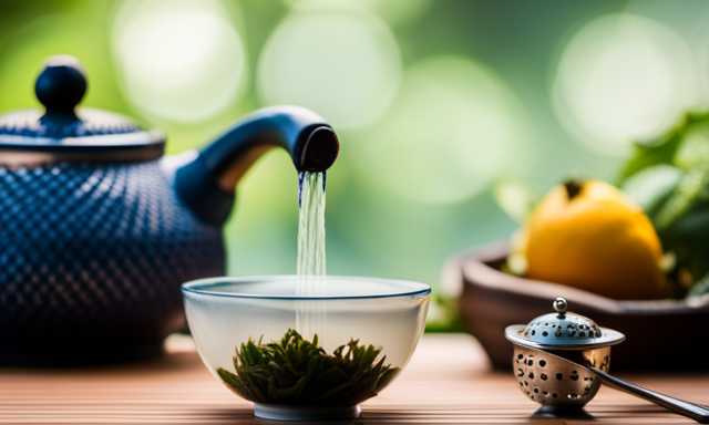 An image of a serene green tea garden with a traditional Japanese teapot pouring a steaming cup of Oolong tea