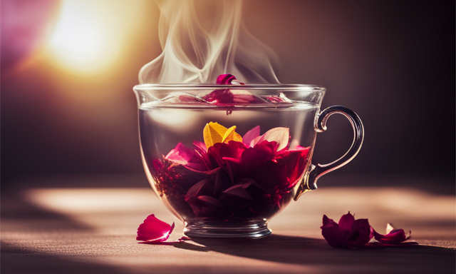 An image showcasing a clear glass teacup filled with warm, amber-colored oolong tea adorned with delicate dried rose petals and slices of fresh lemon, with a steam gently rising from the surface