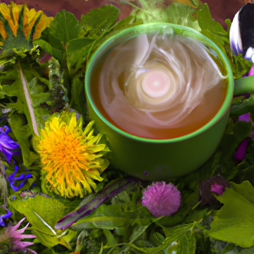 An image showcasing a vibrant teacup filled with steaming herbal tea, surrounded by fresh ingredients like dandelion, milk thistle, and nettle leaves