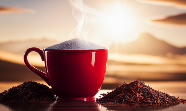 An image showcasing a vibrant red cup filled with steaming rooibos tea, infused with earthy aromas