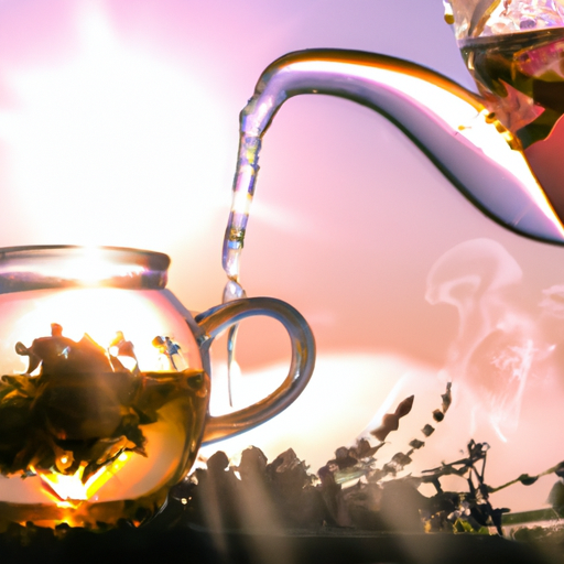 an image capturing the essence of brewing herbal tea: a serene scene showcasing a teapot gently pouring steaming water into a delicate, transparent glass, with vibrant herbs gracefully floating, as aromatic steam rises to meet the sunlight