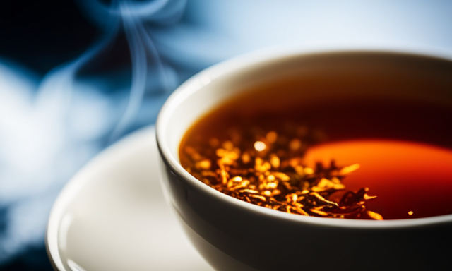 An image showcasing a tantalizing cup of steaming real Oolong tea, surrounded by delicate tea leaves, exuding rich amber hues