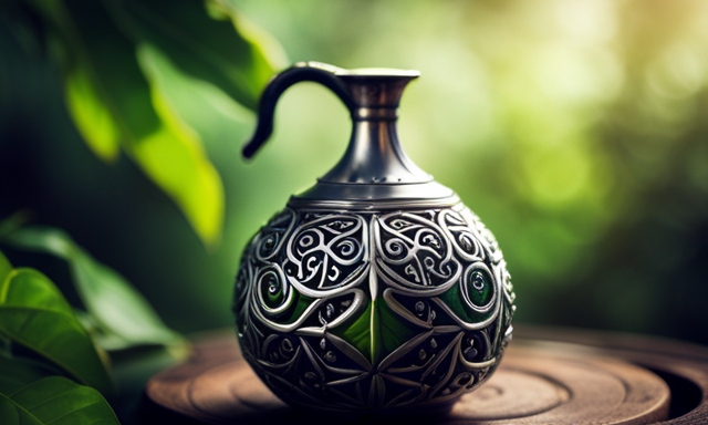 An image capturing the invigorating essence of yerba mate, portraying an elegant gourd adorned with intricate silver detailing, filled with vibrant green leaves steeping in hot water, exuding an aromatic steam that dances through the air