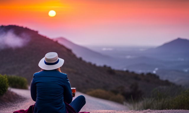 An image capturing the warm glow of a sunset casting vibrant hues of orange and pink across a serene landscape, where a person peacefully sips a cup of Rooibos tea, showcasing the perfect moment to indulge in its calming flavors