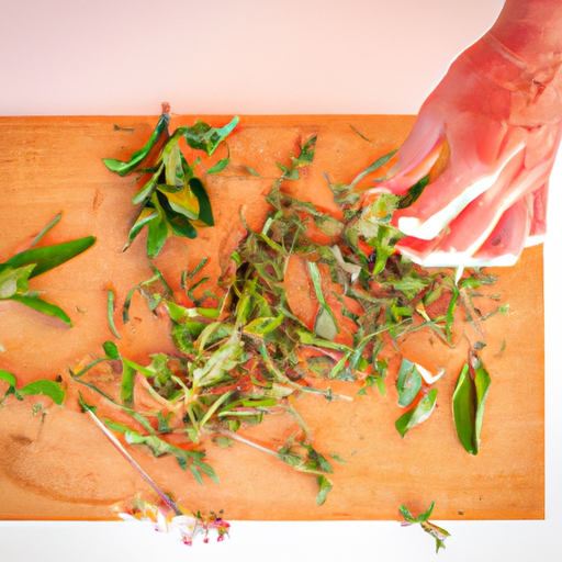An image showcasing a wooden cutting board with vibrant, freshly picked herbs scattered around it
