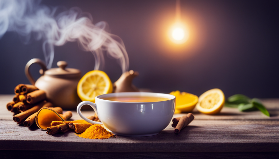 An image showcasing a serene morning scene with a steaming cup of vibrant golden turmeric tea on a wooden table, surrounded by fresh ingredients like sliced lemons, ginger, and a sprinkle of cinnamon