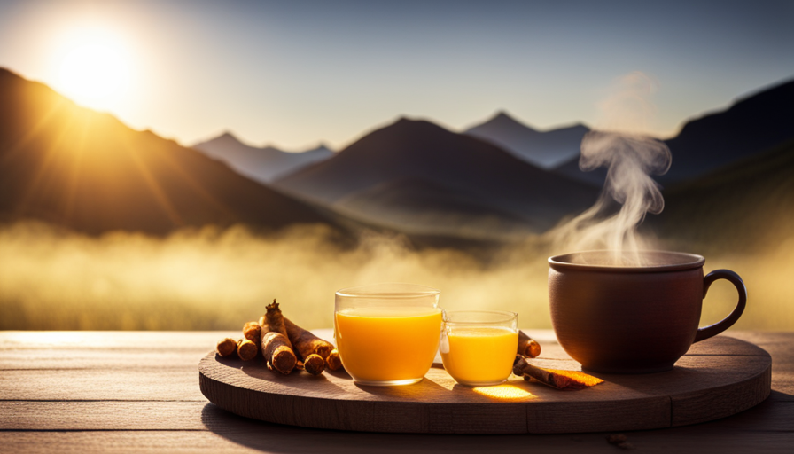 An image depicting a serene morning scene with a cup of steaming turmeric tea placed on a wooden tray, surrounded by fresh turmeric roots, ginger slices, and a hint of steam rising from the cup