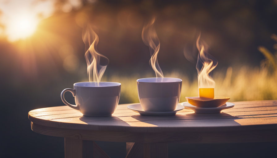 An image showcasing a serene morning scene with a steaming cup of turmeric tea gently illuminated by the rising sun, evoking a sense of tranquility and encouraging readers to consider its benefits for a peaceful start to their day