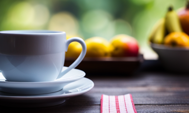 An image showcasing a serene morning scene, with a cup of steaming oolong tea placed on a rustic wooden table beside a plate of fresh fruits, inviting readers to consider incorporating it into their weight loss routine
