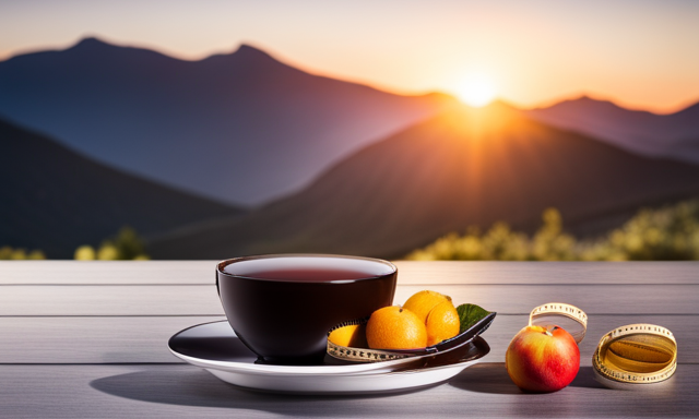 An image that showcases a serene morning scene, with a warm sunrise casting a golden glow on a cup of freshly brewed oolong tea, surrounded by a plate of healthy fruits and a tape measure subtly hinting at weight loss