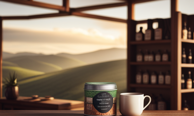 An image showcasing a cozy, rustic teashop nestled amidst rolling hills, with shelves adorned with vibrant tins of Rooibos tea, inviting visitors to explore and discover the delightful brew