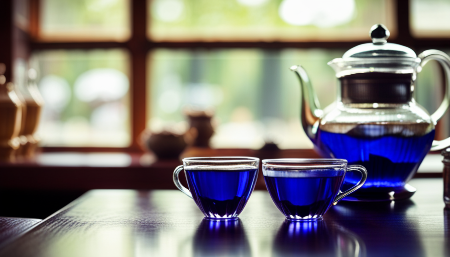 An image capturing the vibrant blue hues of Butterfly Pea Flower Tea, showcasing a quaint teashop nestled amidst a lush garden