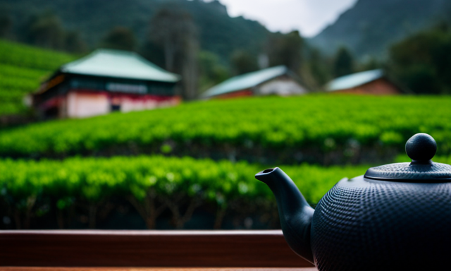 An image featuring a serene tea garden, with rows of lush oolong tea plants