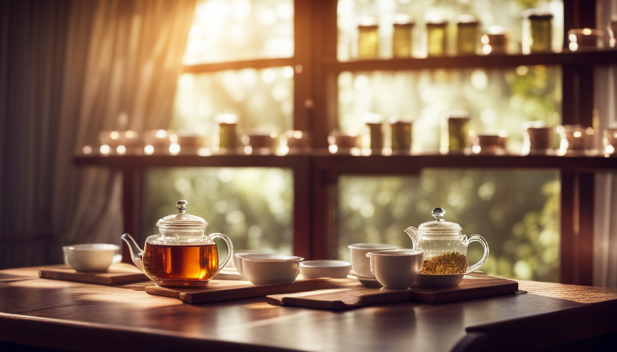 An image showcasing a quaint tea shop with shelves adorned with neatly arranged glass jars, displaying fragrant linden flower tea